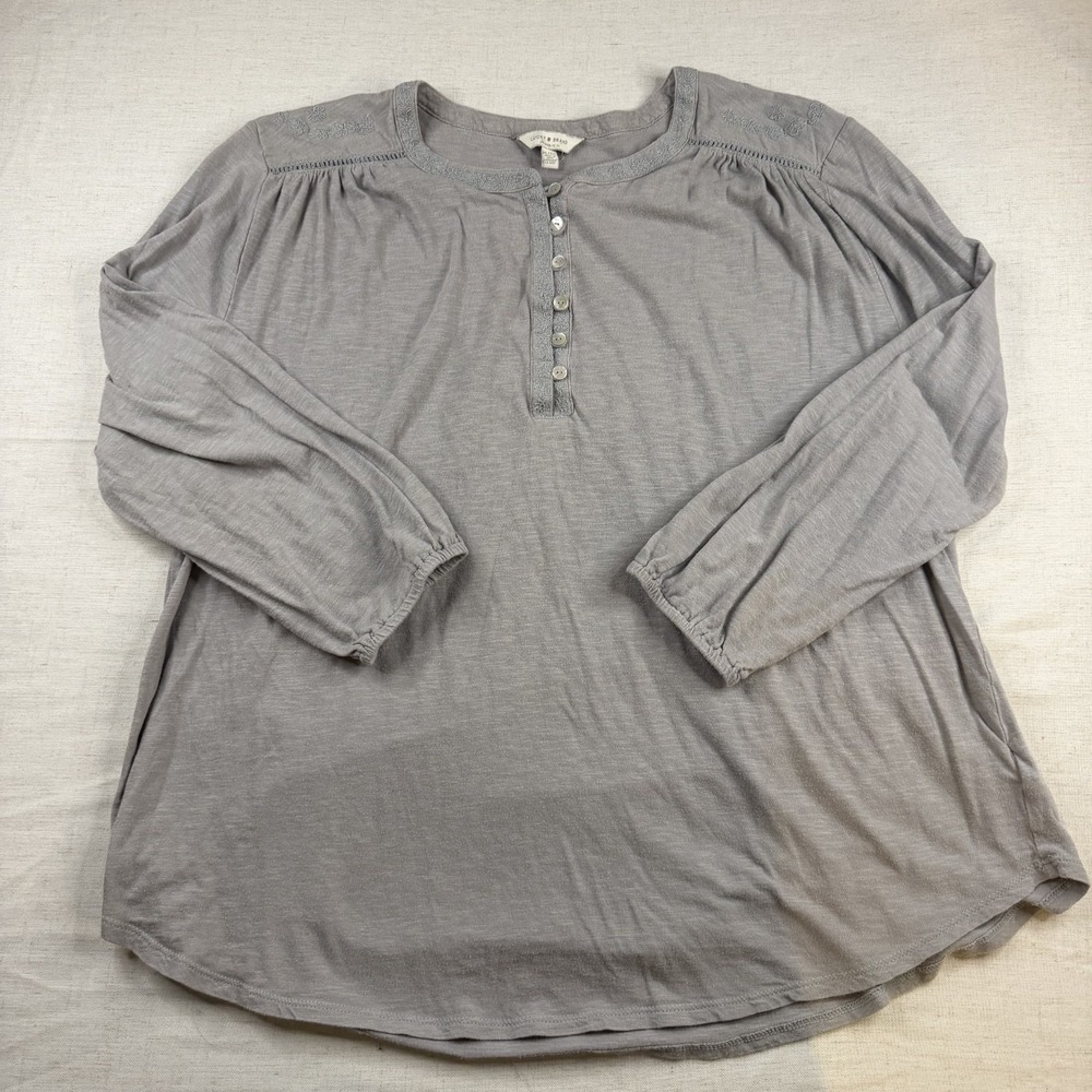 Lucky Brand Plus Size XL Embroidered Boho Peasant  Blouse Grey 3/4 Sleeve